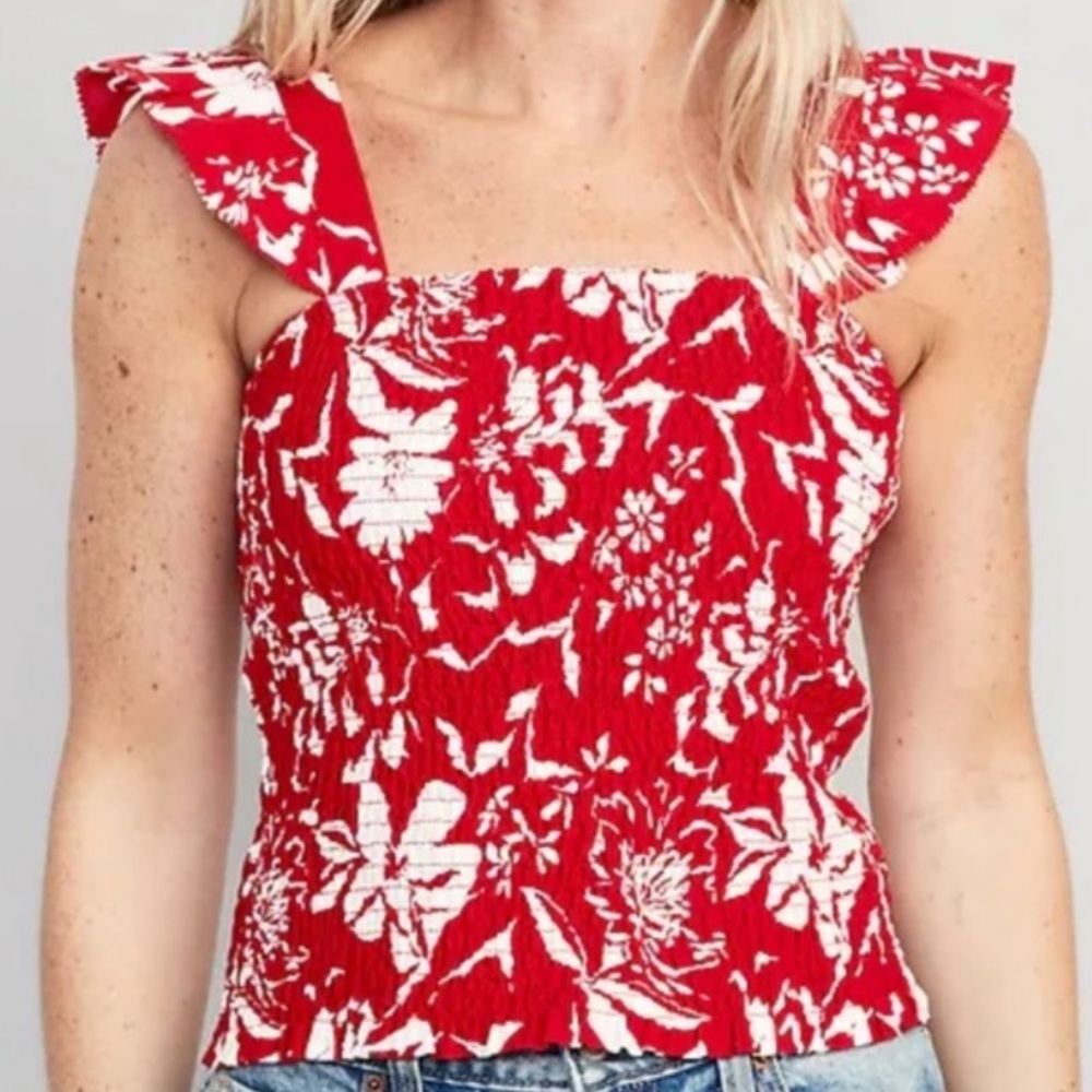 Old Navy Floral Red White Smocked Fitted Ruffle Hawaiian Print Tank Top